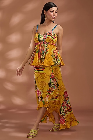 Mustard Bemberg Tissue Organza Digital Printed Asymmetric Skirt Set by Liz Paul