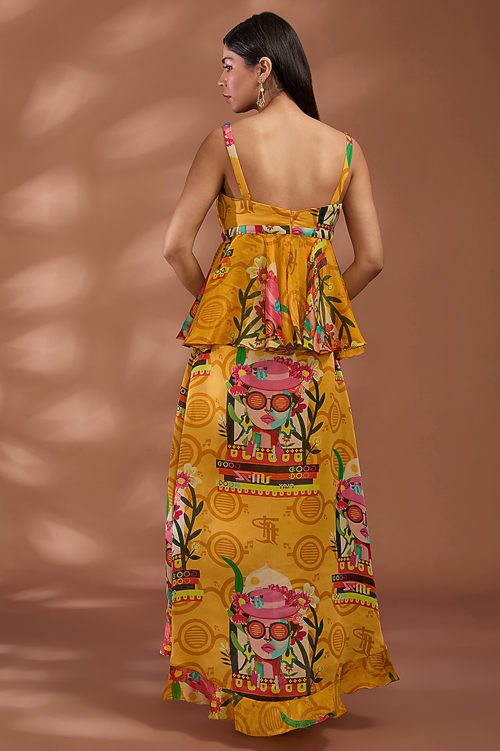 Mustard Bemberg Tissue Organza Digital Printed Asymmetric Skirt Set by Liz Paul at Pernia's Pop Up Shop