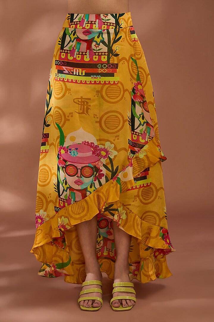 Mustard Bemberg Tissue Organza Digital Printed Asymmetric Skirt Set by Liz Paul at Pernia's Pop Up Shop