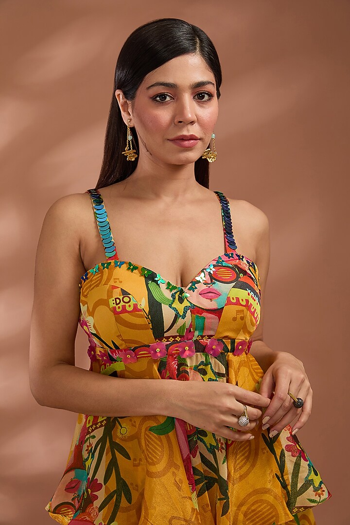 Mustard Bemberg Tissue Organza Digital Printed Asymmetric Skirt Set by Liz Paul at Pernia's Pop Up Shop