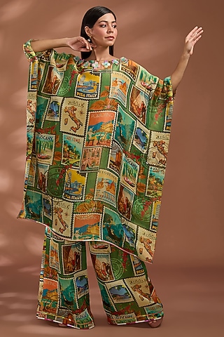 Green Bemberg Tissue Organza Digital Printed Kaftan Set by Liz Paul