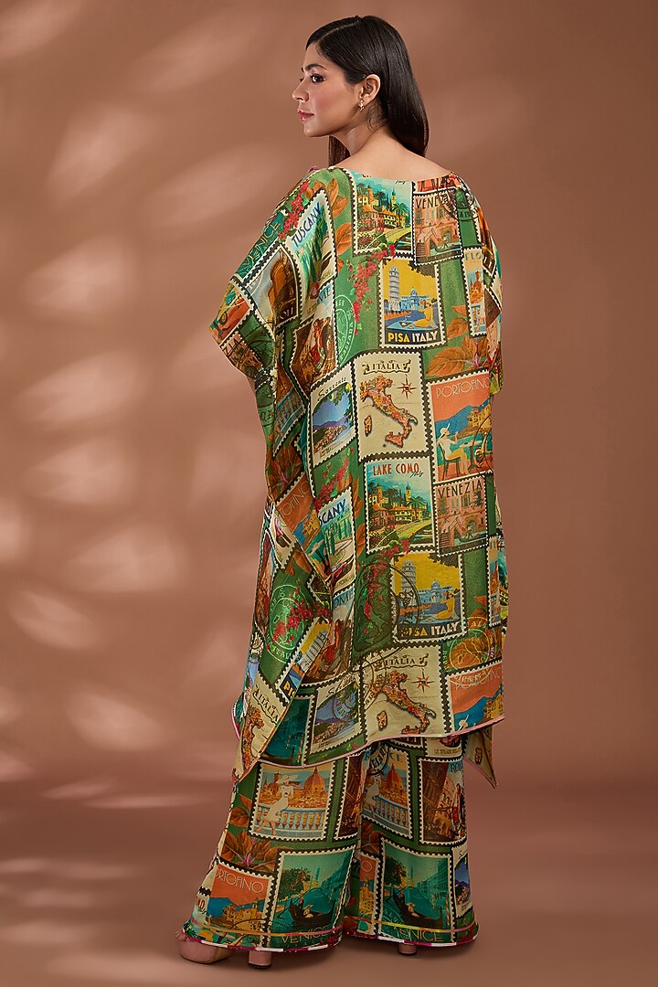 Green Bemberg Tissue Organza Digital Printed Kaftan Set by Liz Paul at Pernia's Pop Up Shop