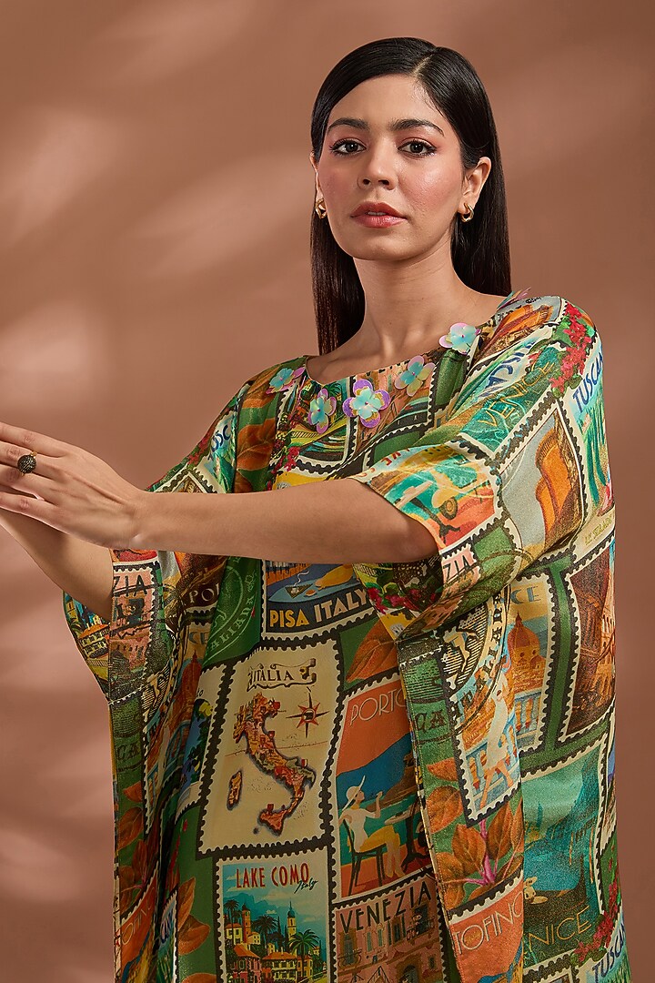 Green Bemberg Tissue Organza Digital Printed Kaftan Set by Liz Paul at Pernia's Pop Up Shop