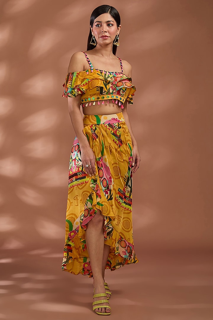 Mustard Yellow Bemberg Tissue Organza Digital Printed Asymmetric Skirt Set by Liz Paul