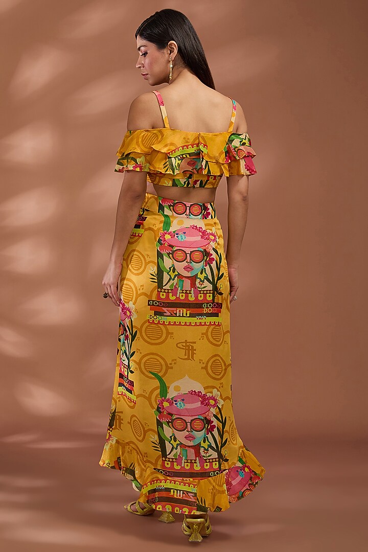 Mustard Yellow Bemberg Tissue Organza Digital Printed Asymmetric Skirt Set by Liz Paul at Pernia's Pop Up Shop