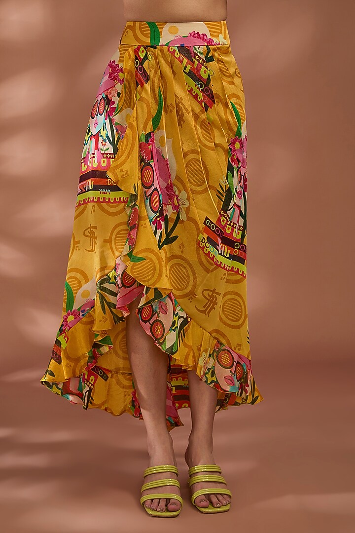 Mustard Yellow Bemberg Tissue Organza Digital Printed Asymmetric Skirt Set by Liz Paul at Pernia's Pop Up Shop