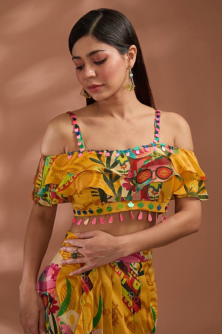 Mustard Yellow Bemberg Tissue Organza Digital Printed Asymmetric Skirt Set by Liz Paul at Pernia's Pop Up Shop