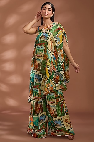 Green Bemberg Tissue Organza Digital Printed Kaftan Set by Liz Paul