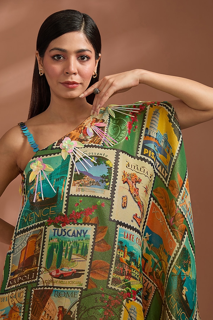 Green Bemberg Tissue Organza Digital Printed Kaftan Set by Liz Paul at Pernia's Pop Up Shop
