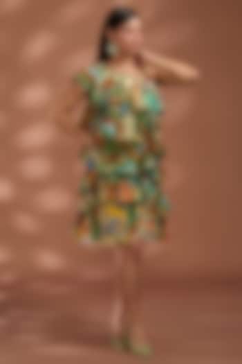 Green Bemberg Tissue Digital Printed Knee-Length Frilled Dress by Liz Paul