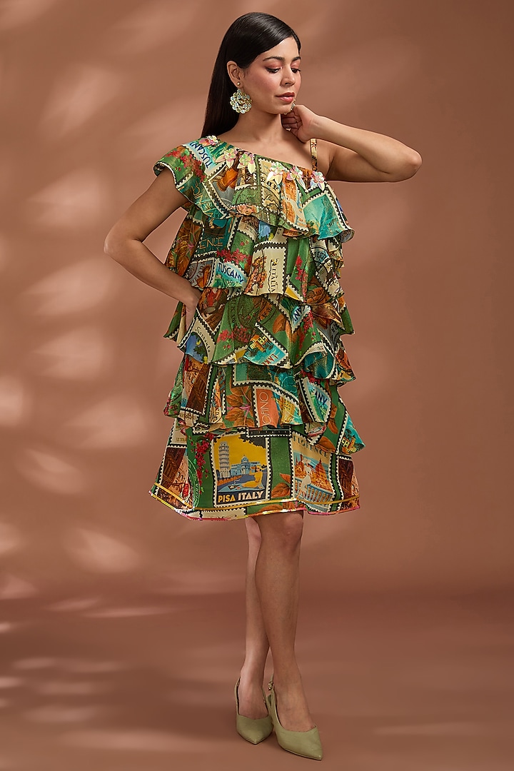 Green Bemberg Tissue Digital Printed Knee-Length Frilled Dress by Liz Paul