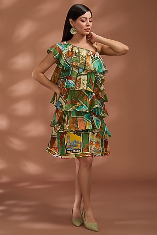 Green Bemberg Tissue Digital Printed Knee-Length Frilled Dress by Liz Paul