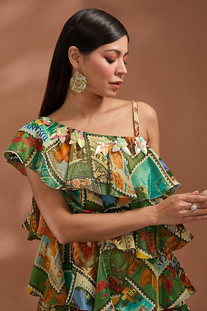 Green Bemberg Tissue Digital Printed Knee-Length Frilled Vacation Dress by Liz Paul at Pernia's Pop Up Shop