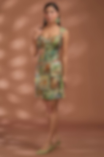 Green Viscose Georgette Digital Printed & Sequins Embroidered Knee-Length Dress by Liz Paul