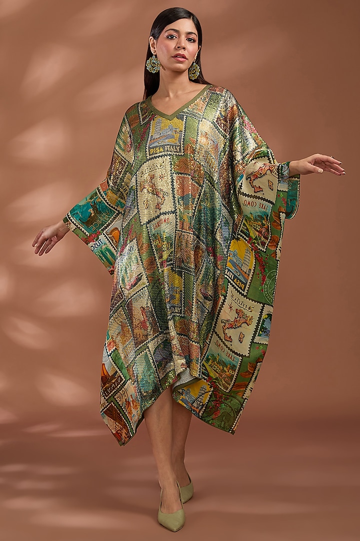 Green Viscose Georgette Digital Printed & Sequins Embroidered Kaftan by Liz Paul