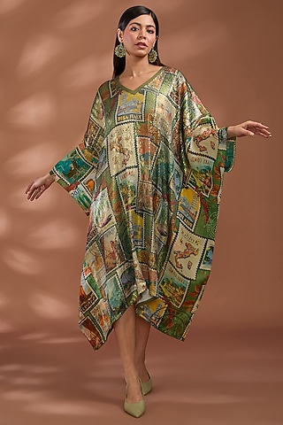 Green Viscose Georgette Digital Printed & Sequins Embroidered Kaftan by Liz Paul