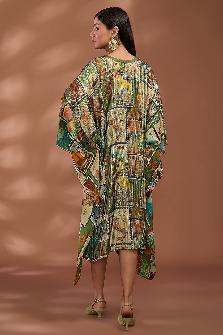 Green Viscose Georgette Digital Printed & Sequins Embroidered Kaftan by Liz Paul at Pernia's Pop Up Shop