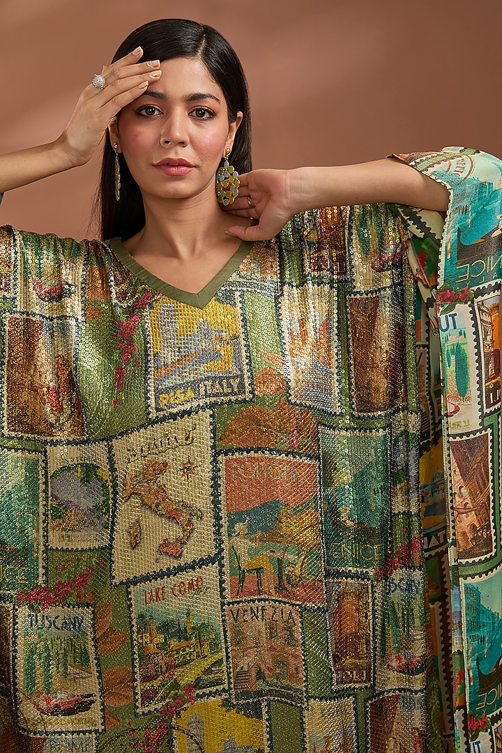 Green Viscose Georgette Digital Printed & Sequins Embroidered Kaftan by Liz Paul at Pernia's Pop Up Shop