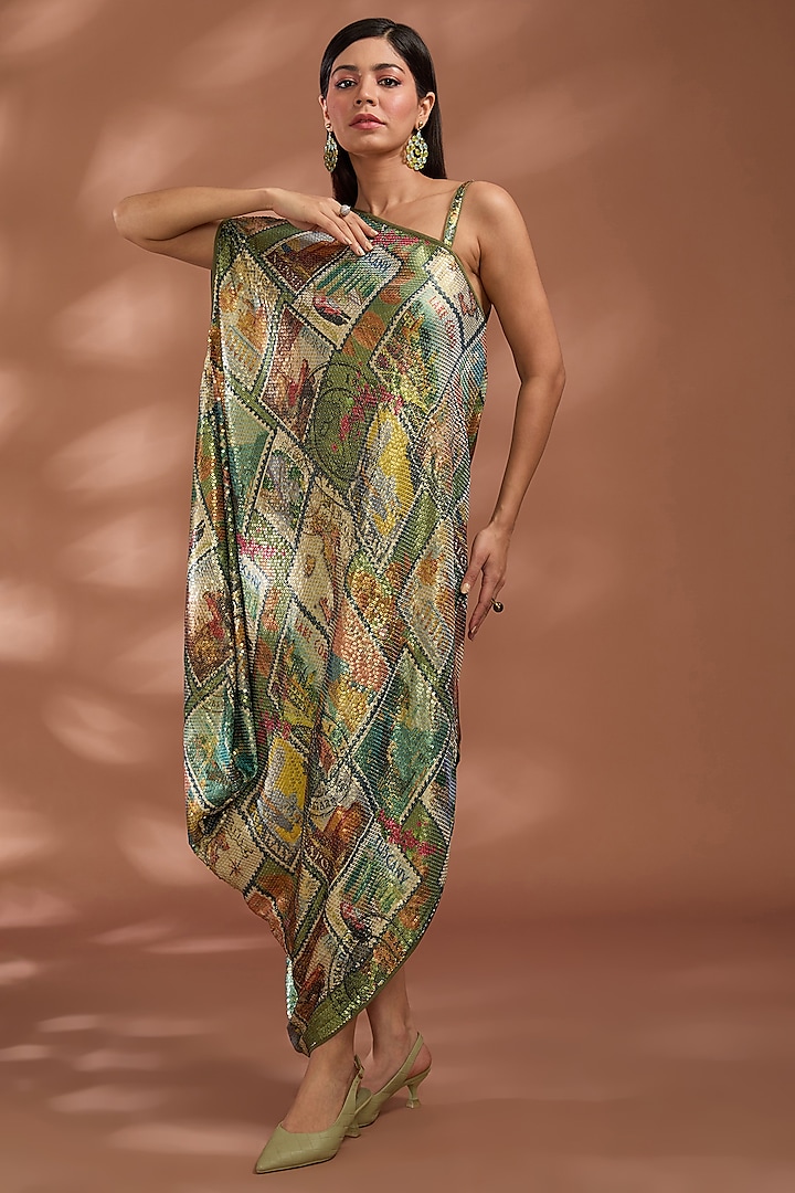 Green Viscose Georgette Digital Printed & Sequins Embroidered Maxi Dress by Liz Paul