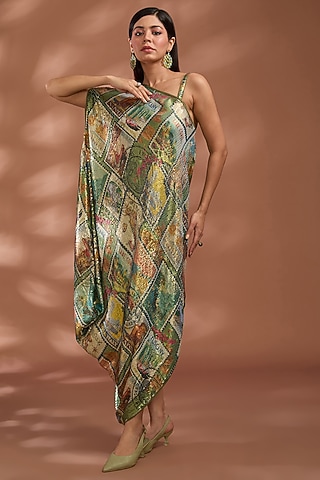 Green Viscose Georgette Digital Printed & Sequins Embroidered Maxi Dress by Liz Paul