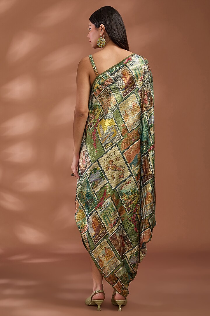 Green Viscose Georgette Digital Printed & Sequins Embroidered Maxi Vacation Dress by Liz Paul at Pernia's Pop Up Shop