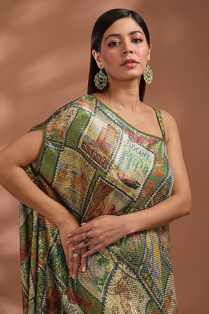 Green Viscose Georgette Digital Printed & Sequins Embroidered Maxi Vacation Dress by Liz Paul at Pernia's Pop Up Shop