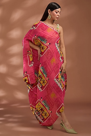Coral Pink Bemberg Tissue Organza Digital Printed & Sequins Embroidered Maxi Dress by Liz Paul