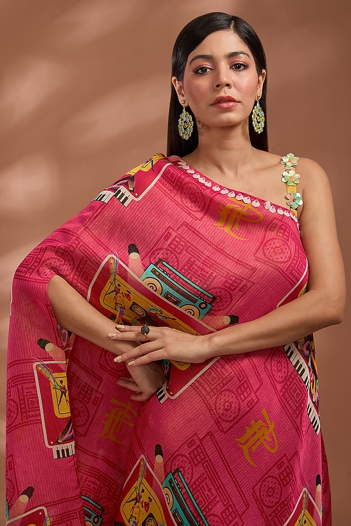 Coral Pink Bemberg Tissue Organza Digital Printed & Sequins Embroidered Maxi Vacation Dress by Liz Paul at Pernia's Pop Up Shop
