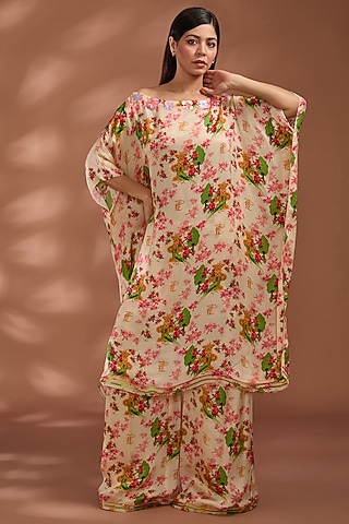 Beige Viscose Satin Digital Printed Off-Shoulder Kaftan Set by Liz Paul