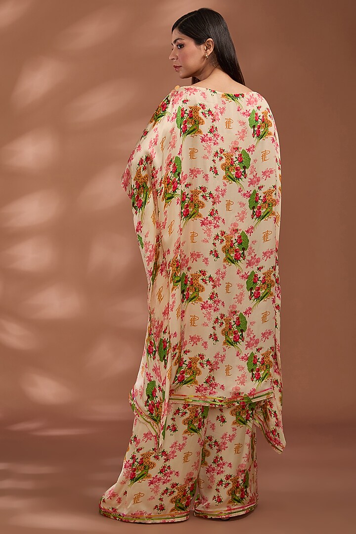 Beige Viscose Satin Digital Printed Off-Shoulder Kaftan Set by Liz Paul at Pernia's Pop Up Shop
