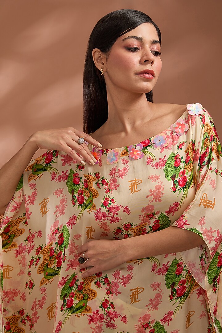 Beige Viscose Satin Digital Printed Off-Shoulder Kaftan Set by Liz Paul at Pernia's Pop Up Shop
