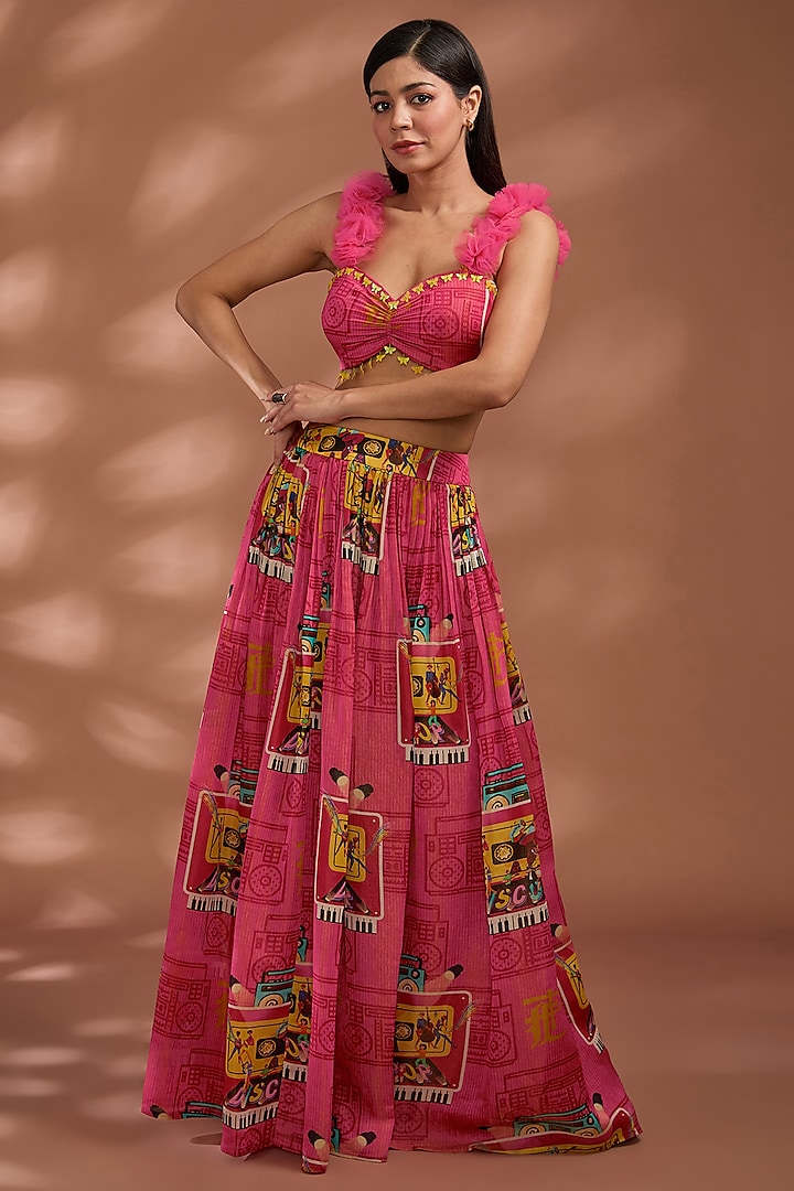 Coral Pink Bemberg Tissue Organza Digital Printed Skirt Set by Liz Paul