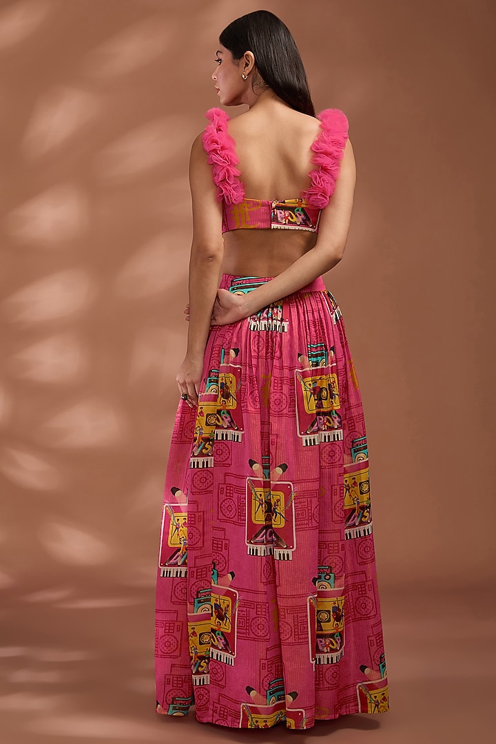 Coral Pink Bemberg Tissue Organza Digital Printed Skirt Set by Liz Paul at Pernia's Pop Up Shop