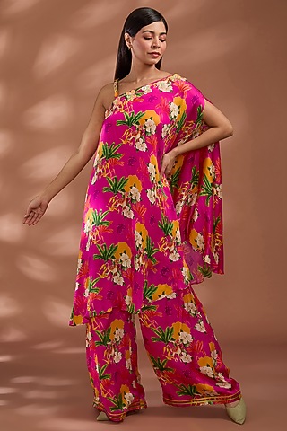 Coral Pink Viscose Bemberg Satin Digital Printed Off-Shoulder Kaftan Set by Liz Paul
