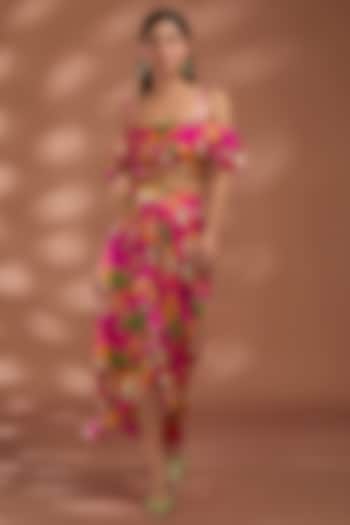 Coral Pink Viscose Bemberg Satin Digital Printed Dhoti Skirt Set by Liz Paul