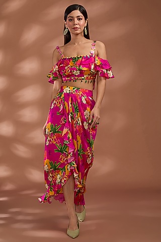 Coral Pink Viscose Bemberg Satin Digital Printed Dhoti Skirt Set by Liz Paul