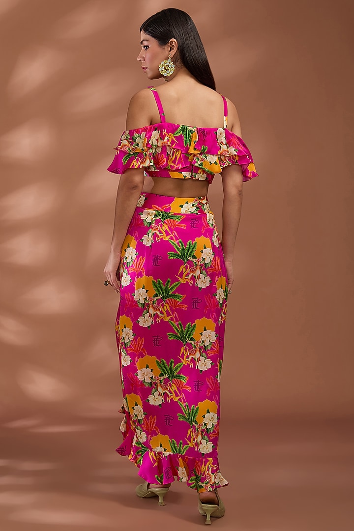 Coral Pink Viscose Bemberg Satin Digital Printed Dhoti Skirt Set by Liz Paul at Pernia's Pop Up Shop
