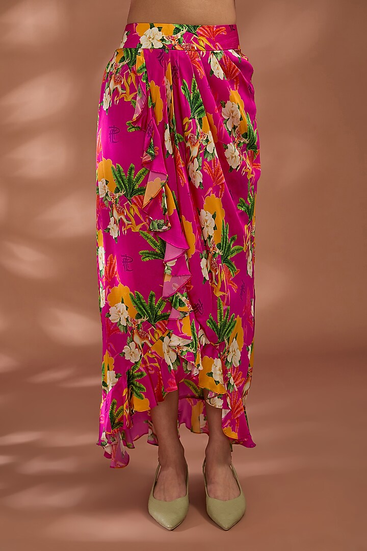 Coral Pink Viscose Bemberg Satin Digital Printed Dhoti Skirt Set by Liz Paul at Pernia's Pop Up Shop