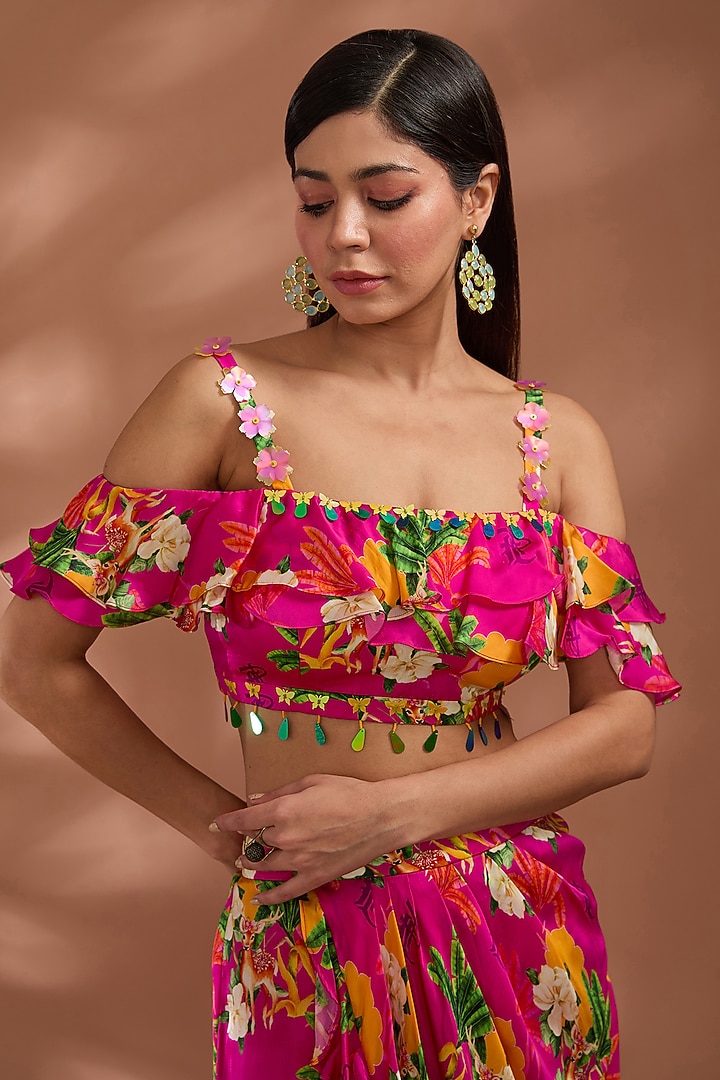Coral Pink Viscose Bemberg Satin Digital Printed Dhoti Skirt Set by Liz Paul at Pernia's Pop Up Shop