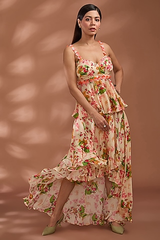 Beige Viscose Bemberg Satin Digital Printed Asymmetrical Skirt Set by Liz Paul