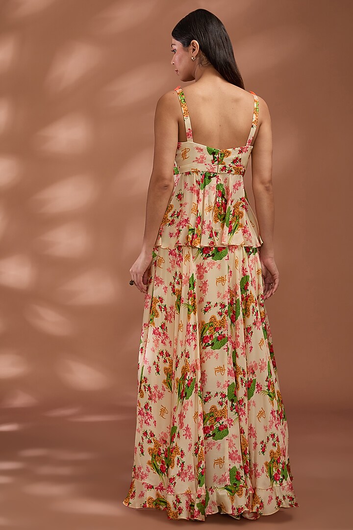 Beige Viscose Bemberg Satin Digital Printed Asymmetrical Skirt Set by Liz Paul at Pernia's Pop Up Shop