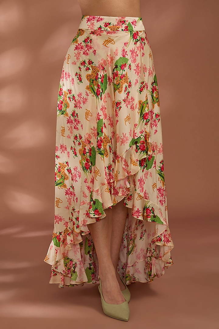 Beige Viscose Bemberg Satin Digital Printed Asymmetrical Skirt Set by Liz Paul at Pernia's Pop Up Shop