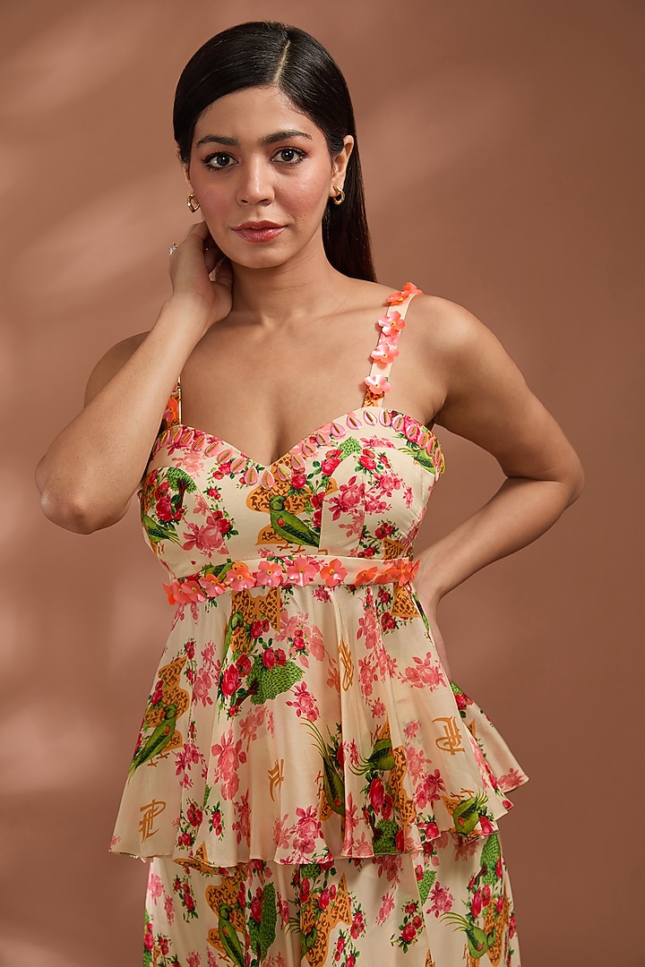 Beige Viscose Bemberg Satin Digital Printed Asymmetrical Skirt Set by Liz Paul at Pernia's Pop Up Shop
