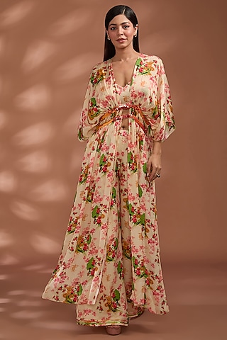 Beige Viscose Bemberg Satin Digital Printed Cape Set by Liz Paul