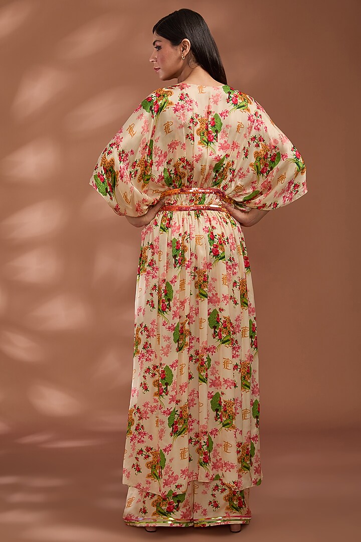 Beige Viscose Bemberg Satin Digital Printed Cape Set by Liz Paul at Pernia's Pop Up Shop