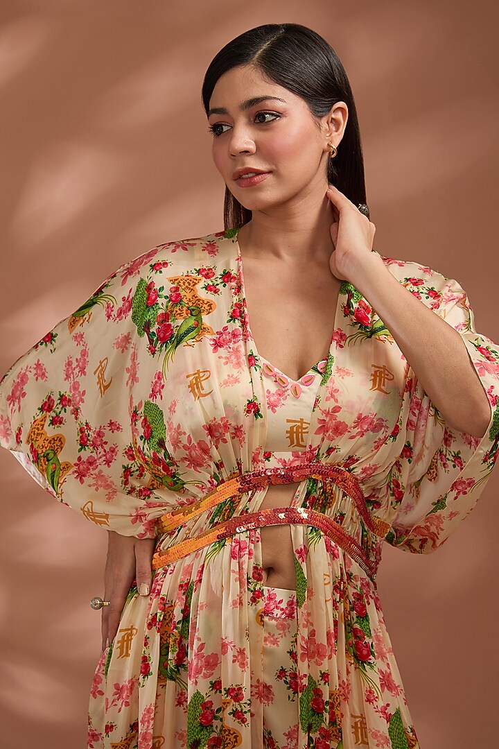 Beige Viscose Bemberg Satin Digital Printed Cape Set by Liz Paul at Pernia's Pop Up Shop