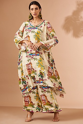 Light Yellow Bemberg Satin Printed Tunic Set by Liz Paul