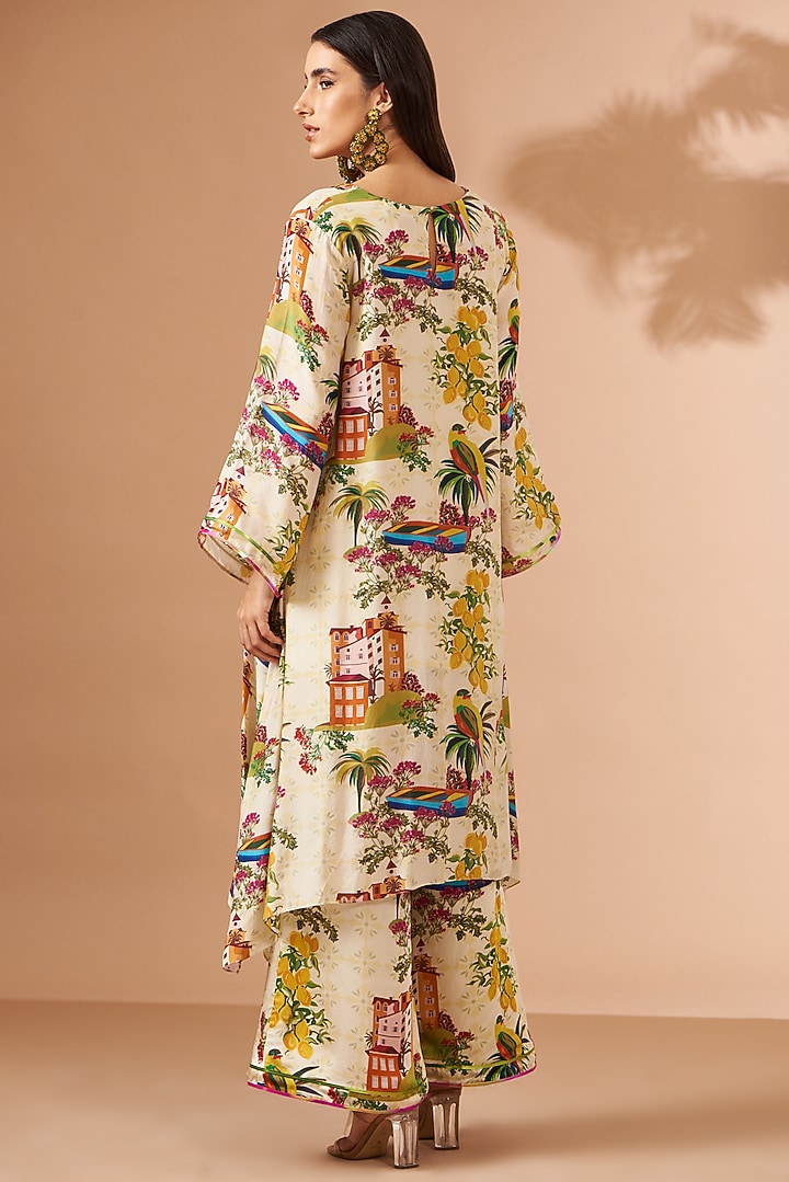 Light Yellow Bemberg Satin Printed Tunic Set by Liz Paul at Pernia's Pop Up Shop