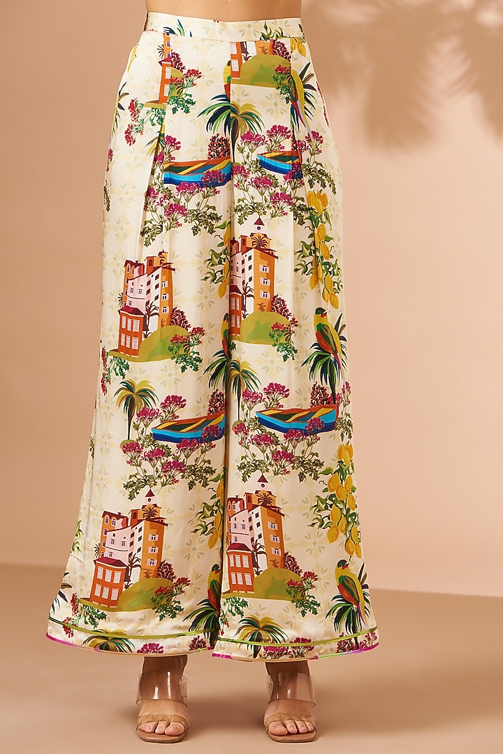 Light Yellow Bemberg Satin Printed Tunic Set by Liz Paul at Pernia's Pop Up Shop