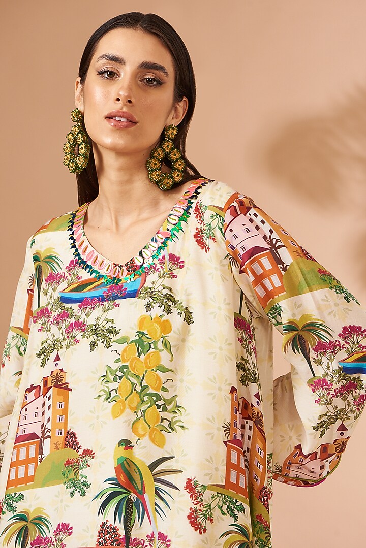 Light Yellow Bemberg Satin Printed Tunic Set by Liz Paul at Pernia's Pop Up Shop